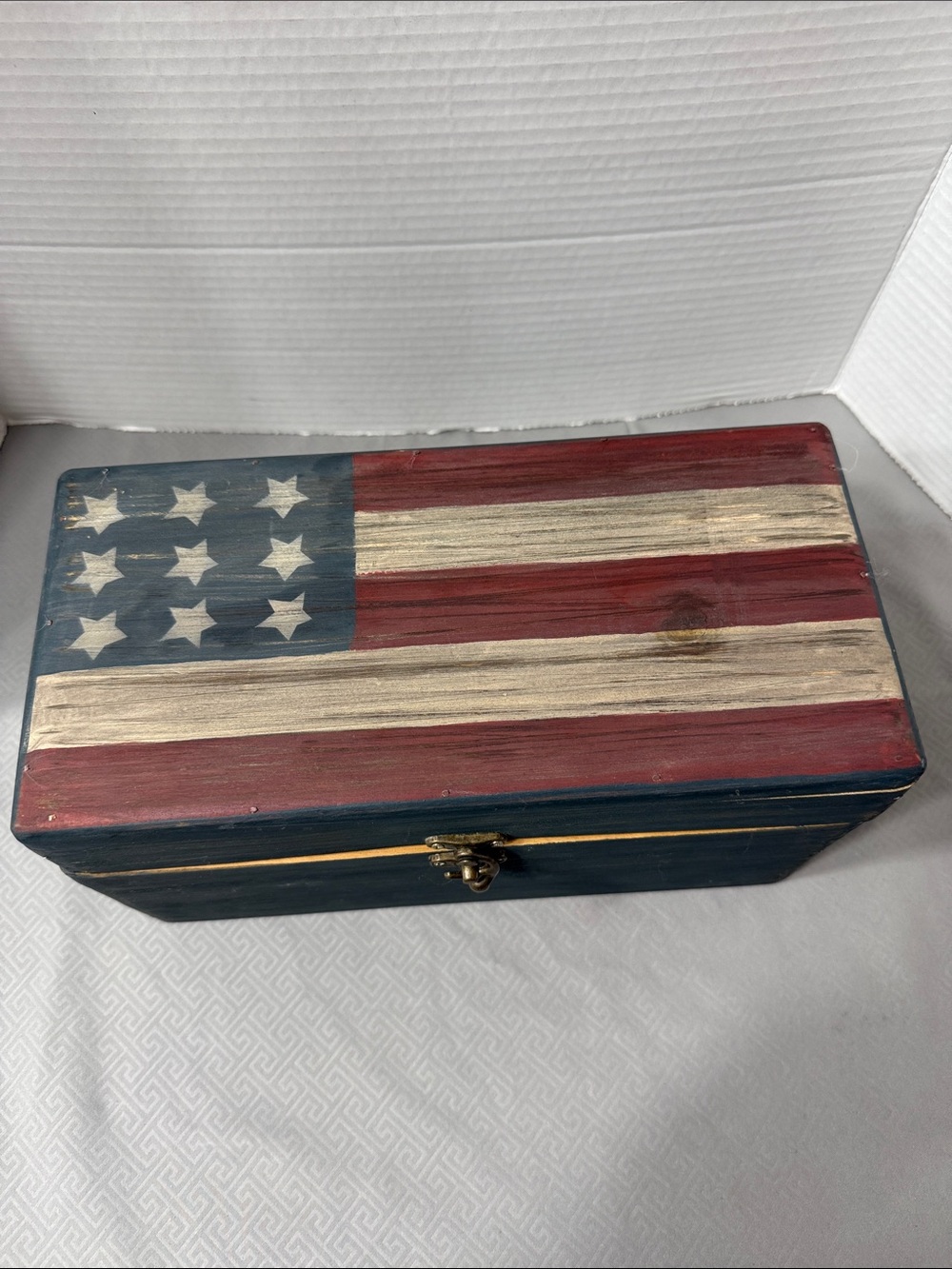 Patriotic Wooden Flag Storage Box - Blue, Red, Cream